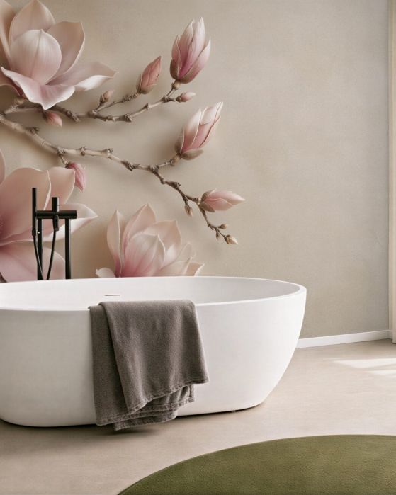 Fototapeten Puderfarbene Magnolie auf Zweigen