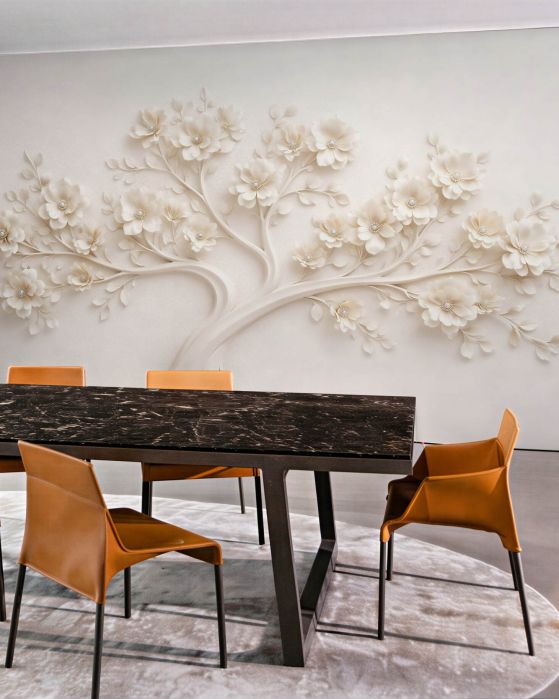 Fototapeten Cremefarbener Baum mit floralem Relief