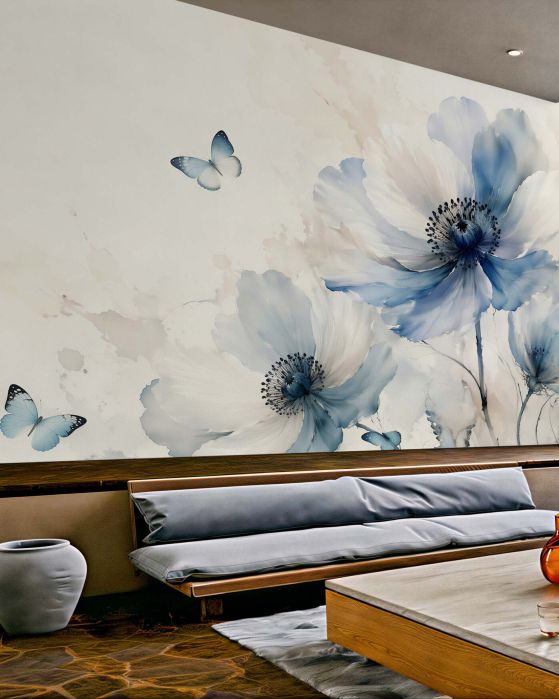 Fototapeten Blaue Mohnblumen mit Schmetterlingen Aquarell