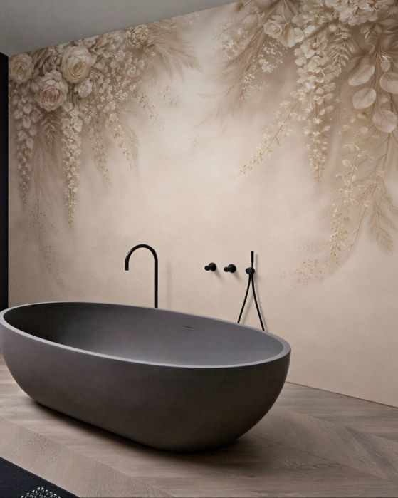 Fototapeten Beige Blumenkaskade im Glamour-Stil