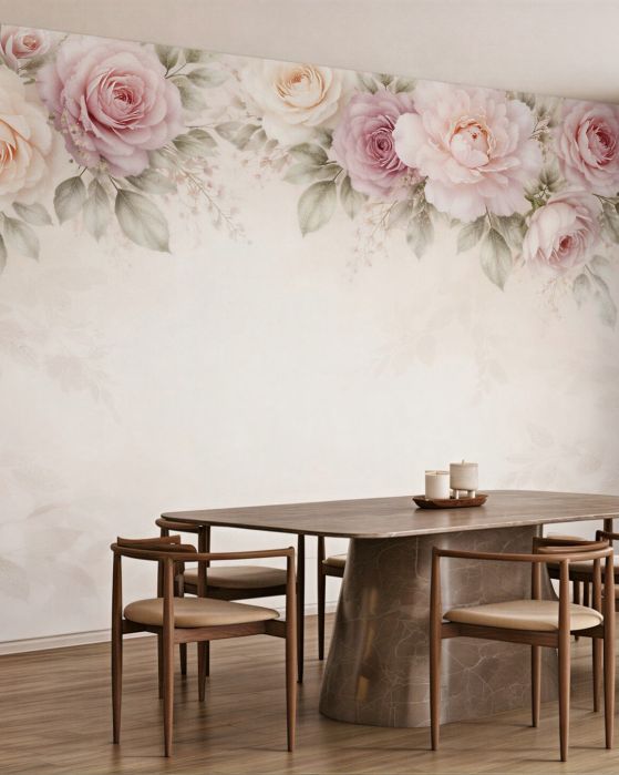 Fototapeten Puderrosa Rosen im romantischen Glanz