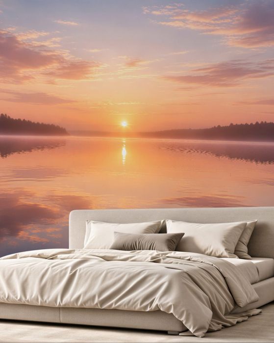 Fototapeten Pastellfarbener Sonnenaufgang über dem See