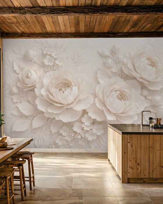 Fototapeten Cremefarbene Pfingstrosen in elegantem Relief