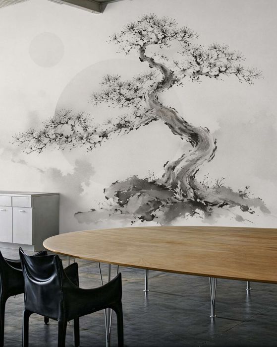Fototapeten Bonsai in grauem Aquarell