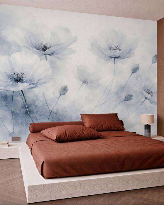 Fototapeten Hellblaue Mohnblumen im Aquarellnebel