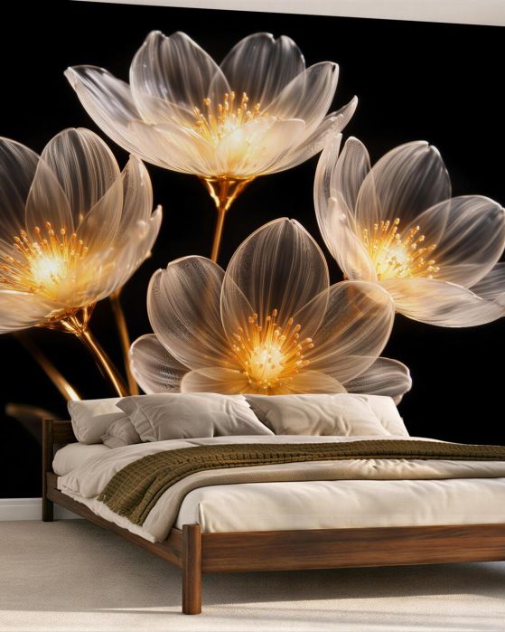 Fototapeten Goldene Glasblumen auf Schwarz