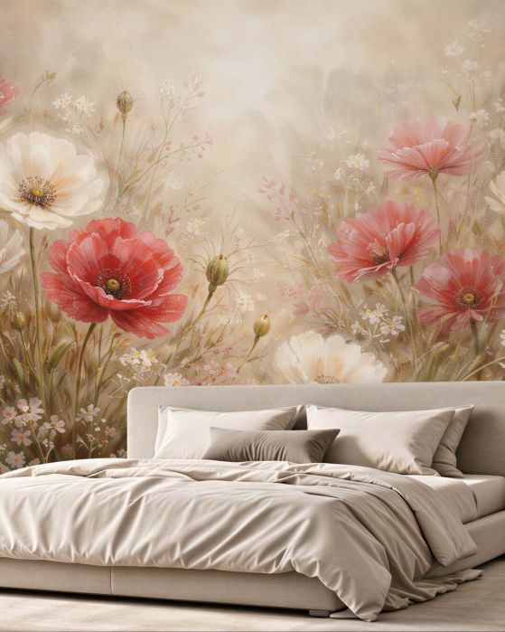 Fototapeten Pastellfarbene Blumenwiese im Morgengrauen