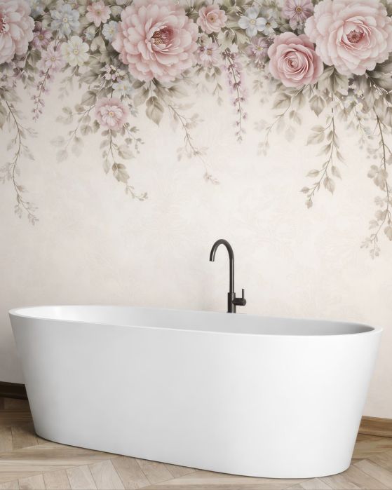 Fototapeten Puderrosa Rosen in romantischer Girlande