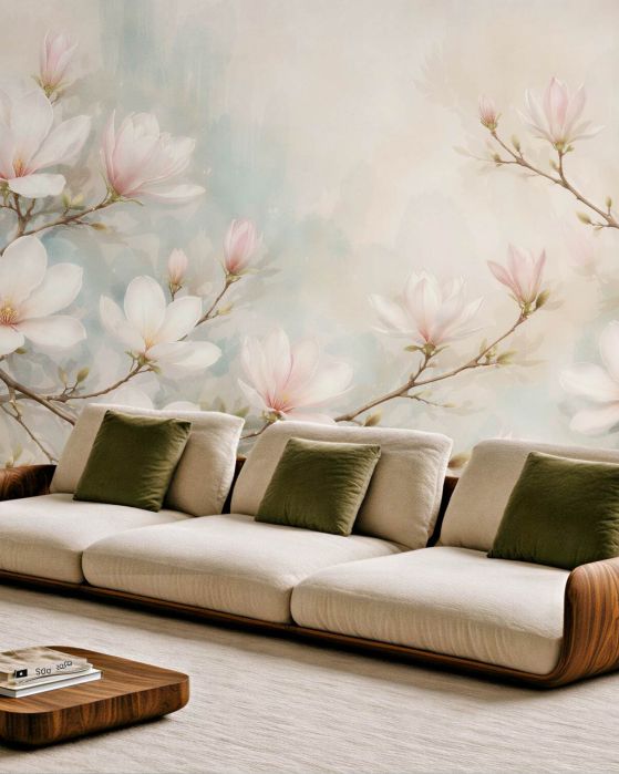 Fototapeten Pastellfarbene Magnolien auf Zweigen