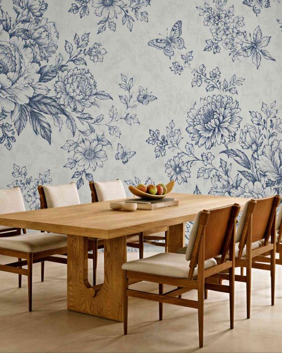 Fototapeten Blaue Blumen und Schmetterlinge im Retro-Stil