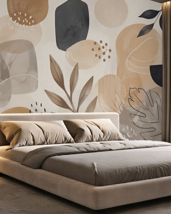 Fototapeten Beige Abstraktion mit Blättern