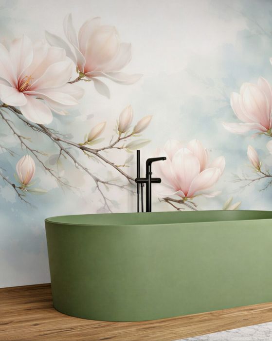 Fototapeten Zarte Magnolien auf blauem Hintergrund
