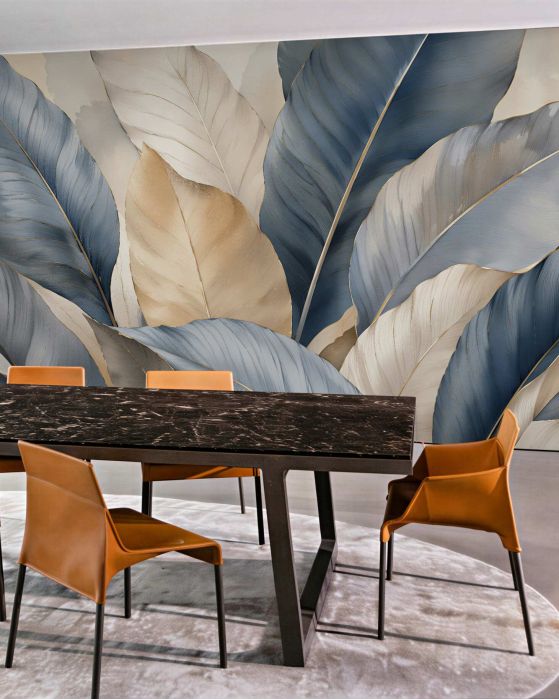 Fototapeten Elegante Blätter in Blau und Beige