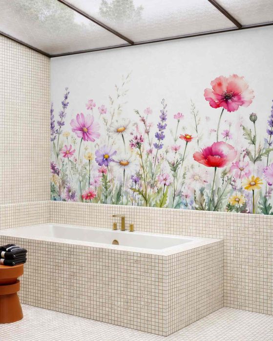 Fototapeten Aquarellwiese mit pastellfarbenen Blumen