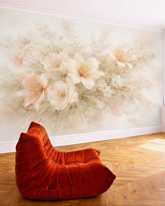 Fototapeten Cremiger Blumenstrauß mit Lilien und Blüten