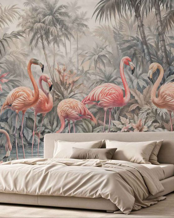 Fototapeten Flamingos im pastellfarbenen Dschungel