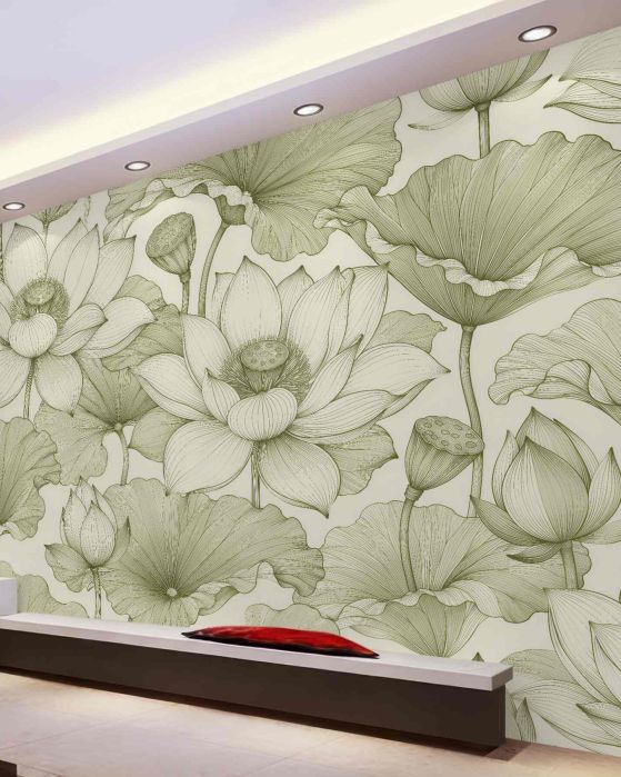 Fototapeten Lotus-Harmonie in mintgrünen Linien