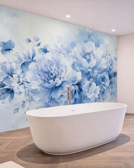 Fototapeten Hellblaue Pfingstrosen und Rosen in Aquarell