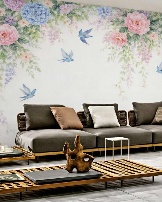 Fototapeten Pastellfarbene Blumen und blaue Vögel