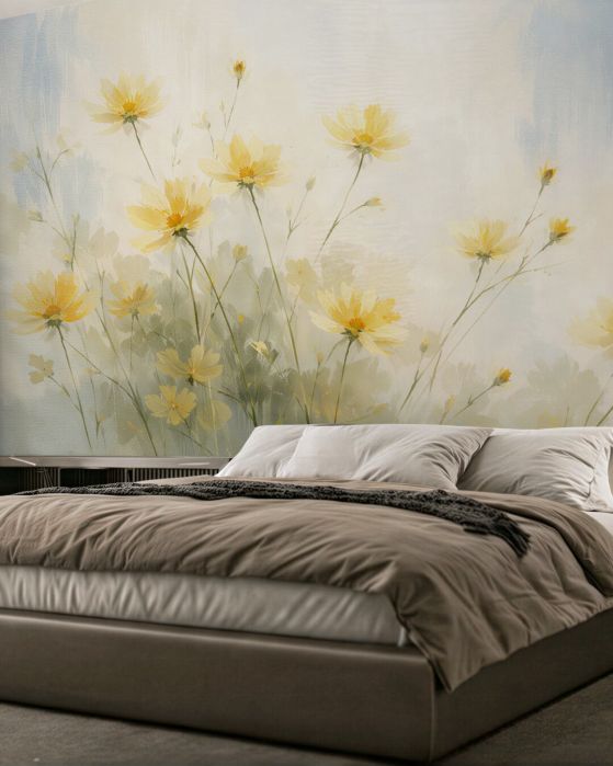 Fototapeten Zarte gelbe Blumen in Aquarell