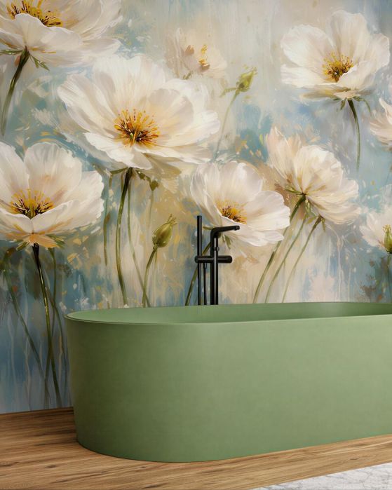 Fototapeten Weiße Blumen auf blauem Hintergrund