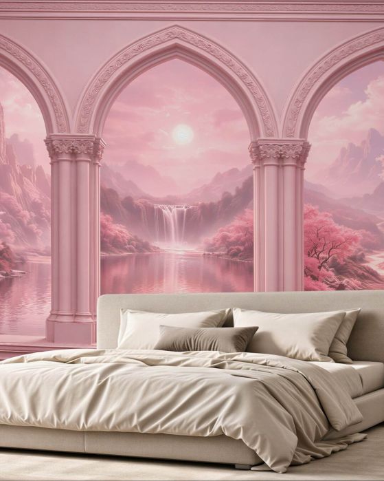 Fototapeten Rosa Arkade mit märchenhafter Landschaft