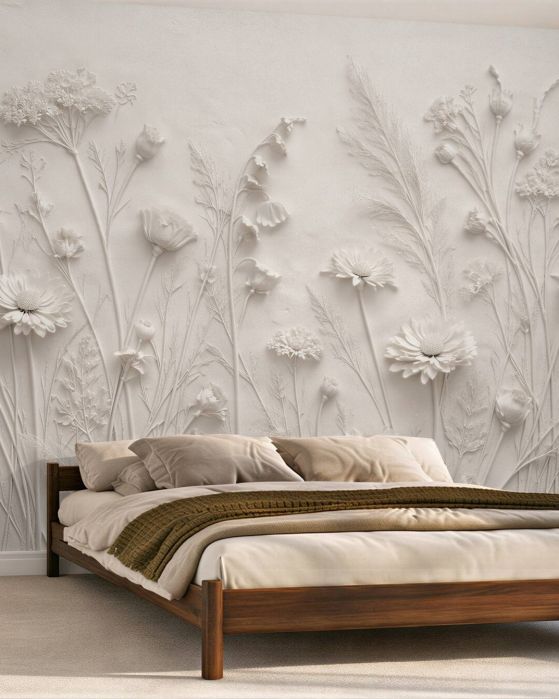 Fototapeten Weiße Blumen in subtilem Relief