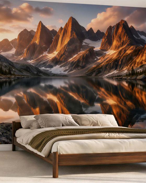 Fototapeten Goldene Gipfel über dem Bergsee