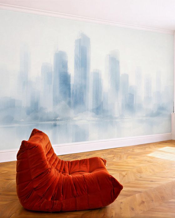 Fototapeten Ätherische Stadt im blauen Nebel