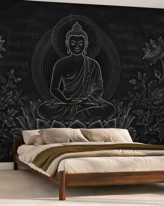 Fototapeten Meditierender Buddha in Schwarz