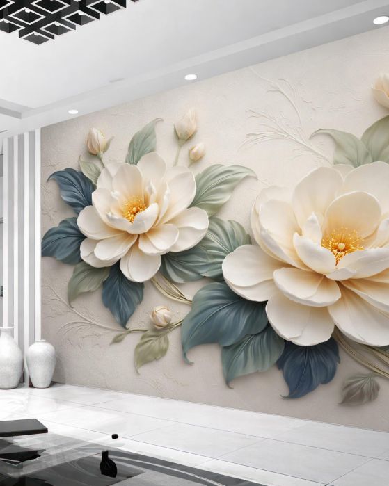 Fototapeten Cremefarbene Blumen im 3D-Stil