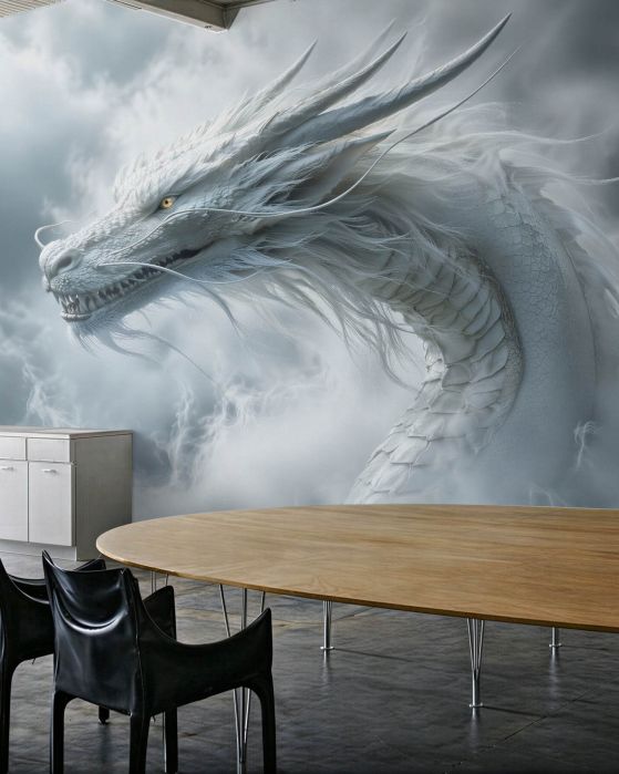 Fototapeten Weißer Drache in stürmischen Wolken