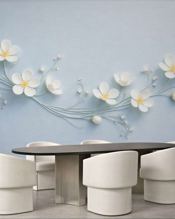 Fototapeten Weiße Blumen auf blauem Relief