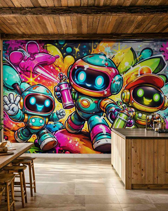 Fototapeten Bunte Roboter im Street-Art-Stil