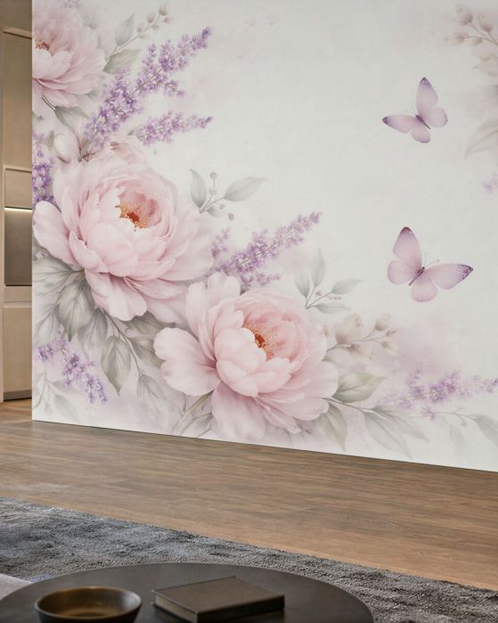 Fototapeten Rosa Pfingstrosen mit Lavendel und Schmetterlingen
