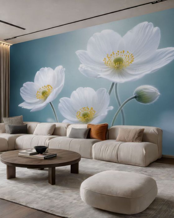 Fototapeten Ätherische weiße Blumen in Blau