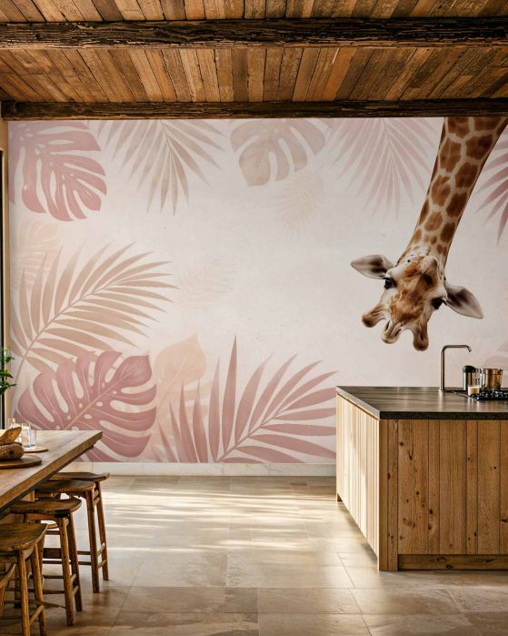 Fototapeten Giraffe in puderfarbenen Blättern
