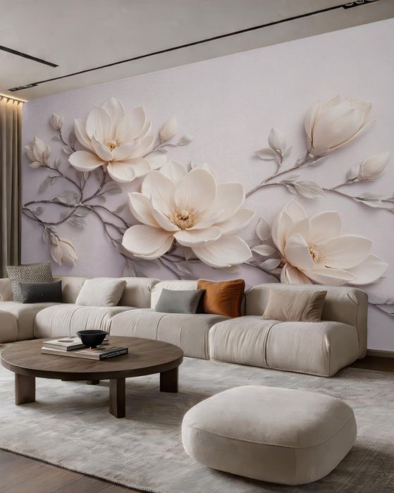 Fototapeten Cremefarbene Magnolie im 3D-Stil
