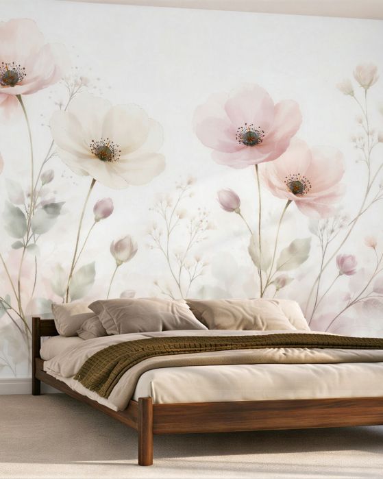 Fototapeten Zarte pastellfarbene Aquarell-Mohnblumen