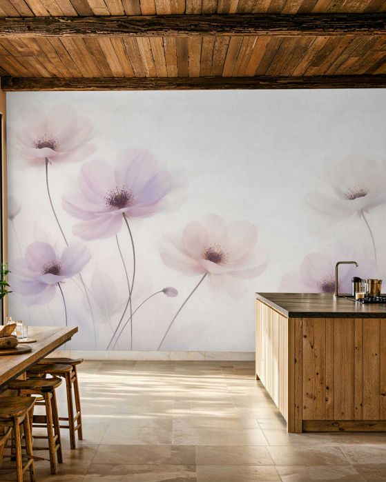 Fototapeten Pastellfarbene Blumen im leichten Nebel