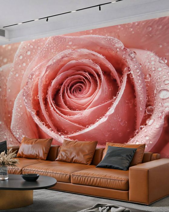 Fototapeten Puderrosa Rose in Tautropfen