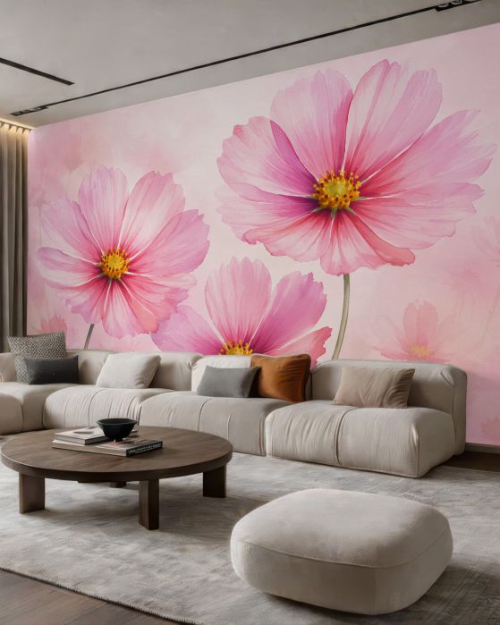 Fototapeten Rosa Kosmeen im Aquarellstil