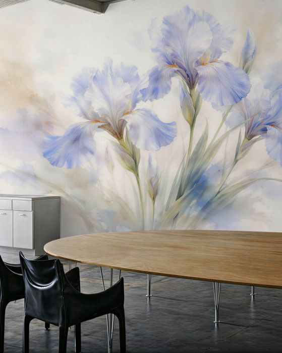 Fototapeten Blaue Irisblüten in Aquarell
