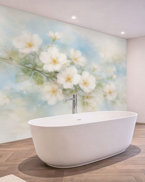 Fototapeten Zarte weiße Blumen in Aquarell