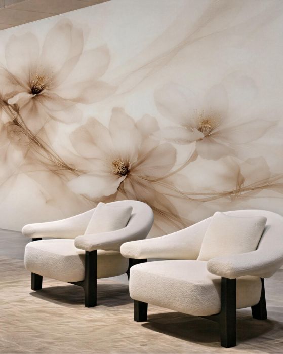 Fototapeten Beige Blumen in nebligem Schimmer