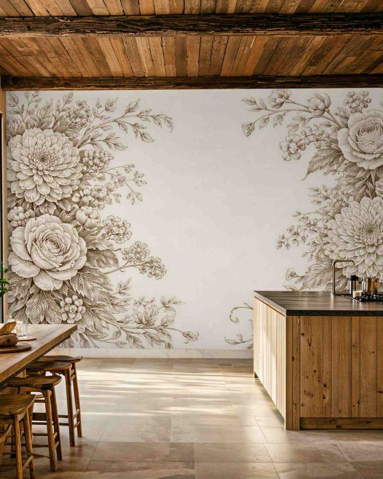 Fototapeten Cremefarbene Blumen in eleganter Skizze