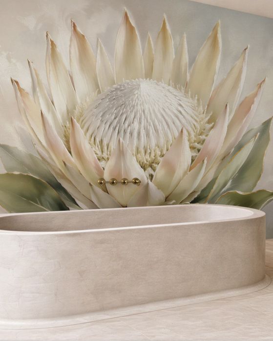 Fototapeten Cremefarbene Protea im zarten Stil