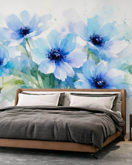 Fototapeten Blaue Blumen in Aquarell