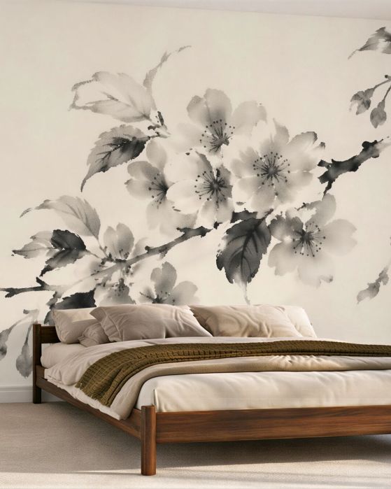 Fototapeten Aquarell-Zweig mit Retro-Blumen