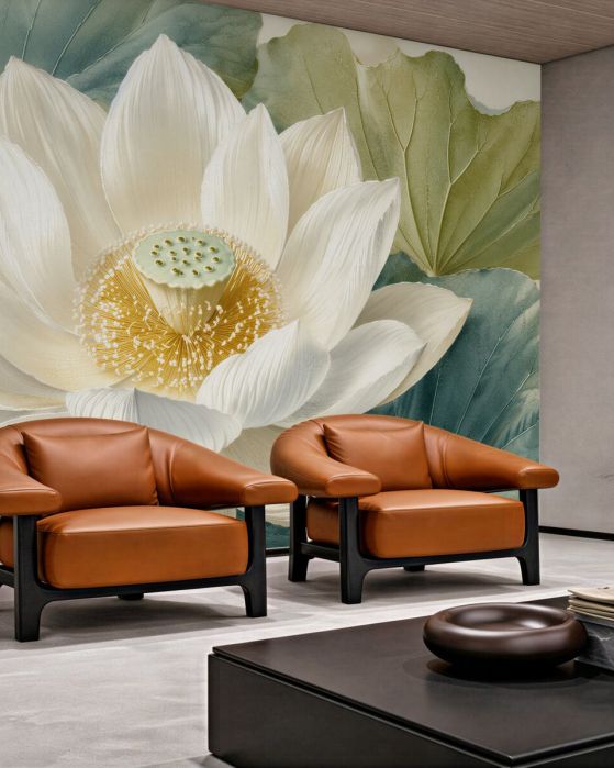 Fototapeten Weißer Lotus in subtilen Blättern